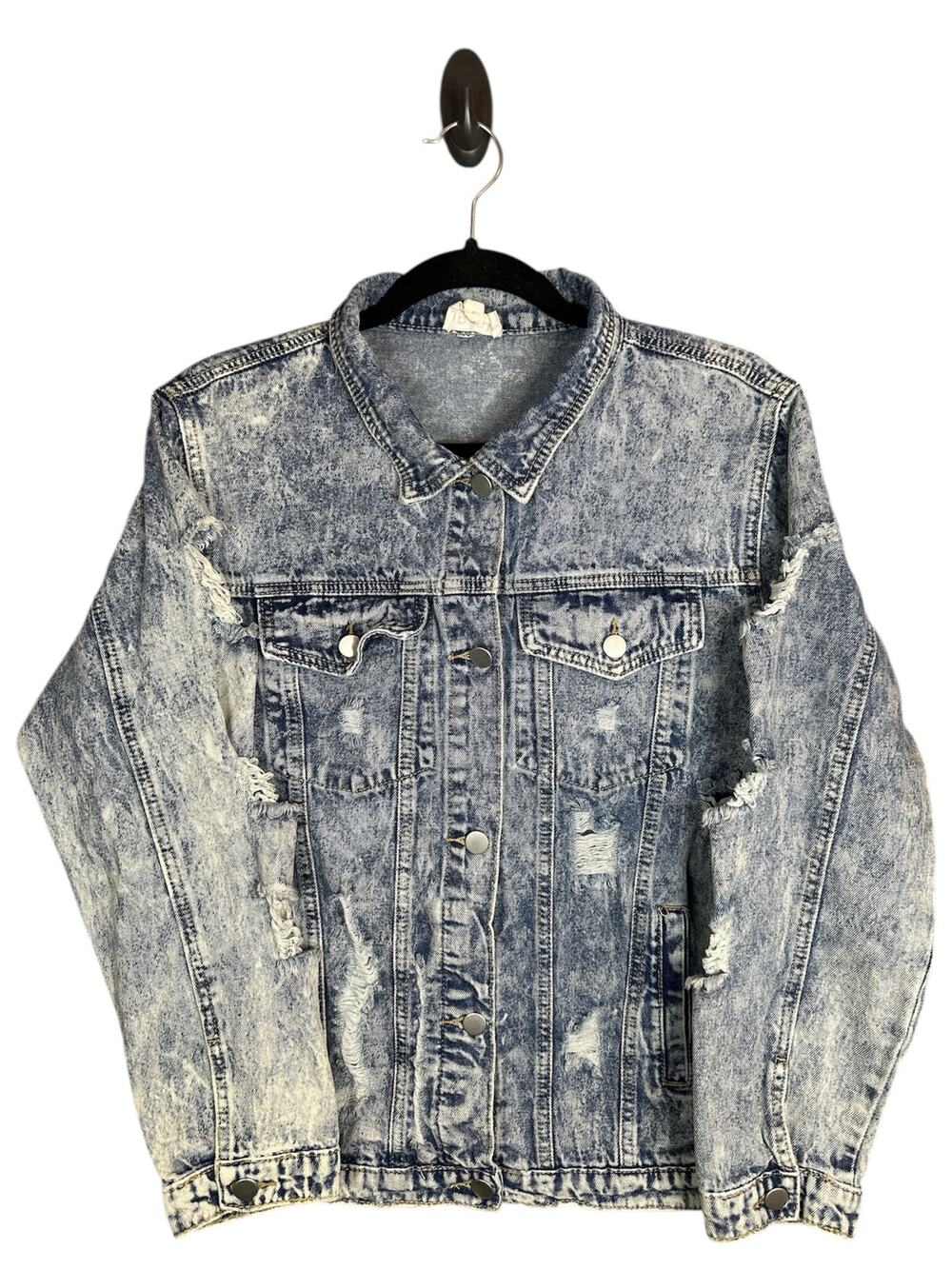 Bibi Blue Jean Acid Wash Distressed Long Sleeve Button Up Denim Jacket Size M